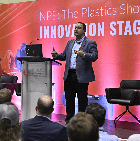 Speaker presenting at NPE show floor stage